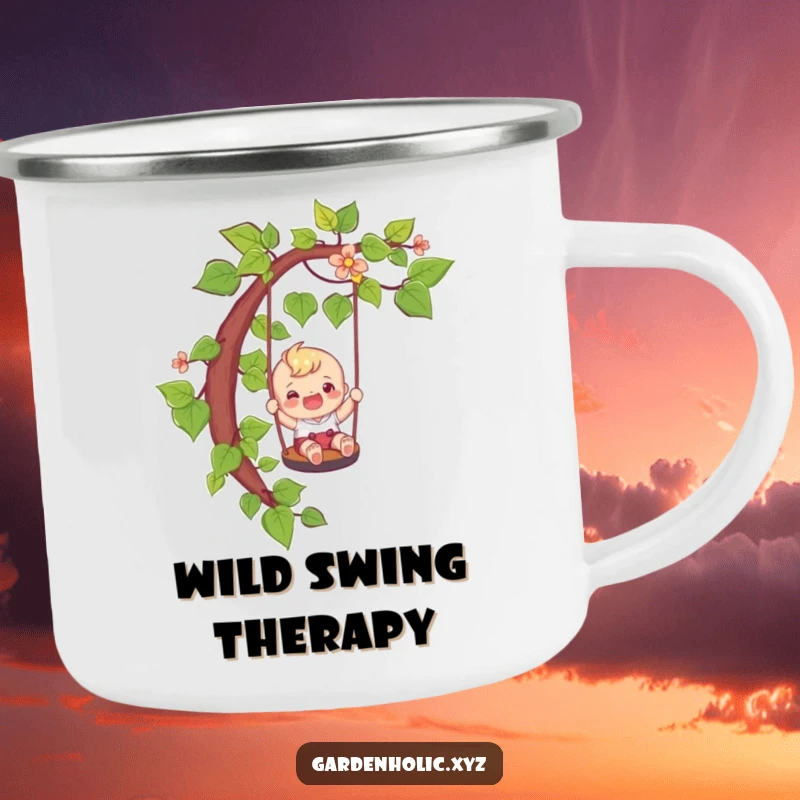 Funny adventure camping mug showing a happy character sliding down a vine like a playful swing, a great funny gift.