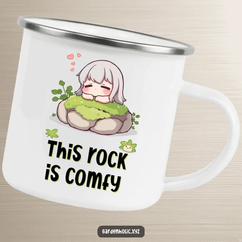 Funny camping mug showing a character with a contented sigh resting on a mossy stone, perfect for outdoor relaxation and humor.