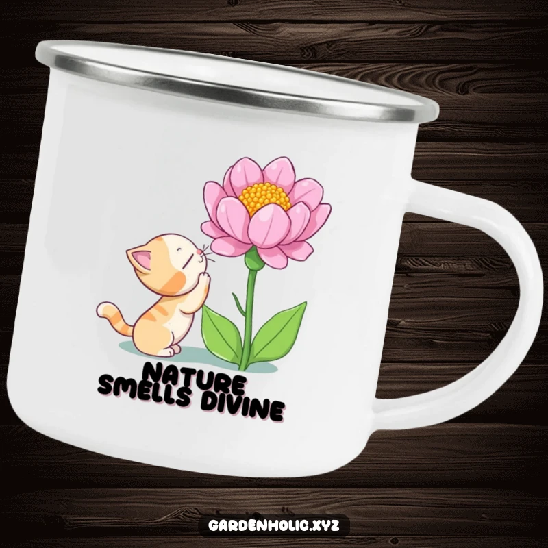 Funny cat camping mug showing a curious cat sniffing a giant blooming flower with wonder, ideal for outdoor exploration.