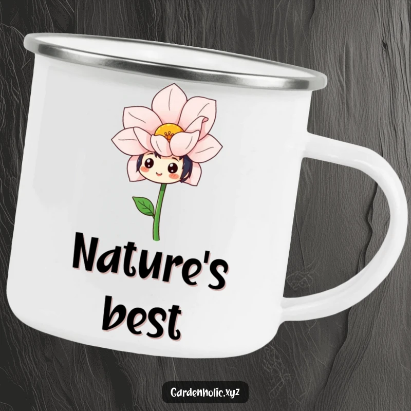 Funny camping mug featuring a cheerful character admiring a huge, freshly bloomed flower, perfect for outdoor enjoyment.