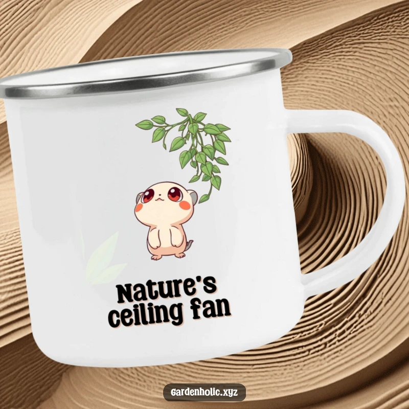 Funny camping mug showing a creature with wide, curious eyes gazing at a hanging plant, perfect for outdoor enthusiasts who love nature.