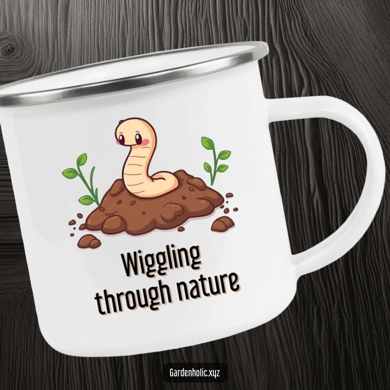 Funny enamel camping mug with a cute worm character wiggling through soil, for outdoor nature appreciation and humor.