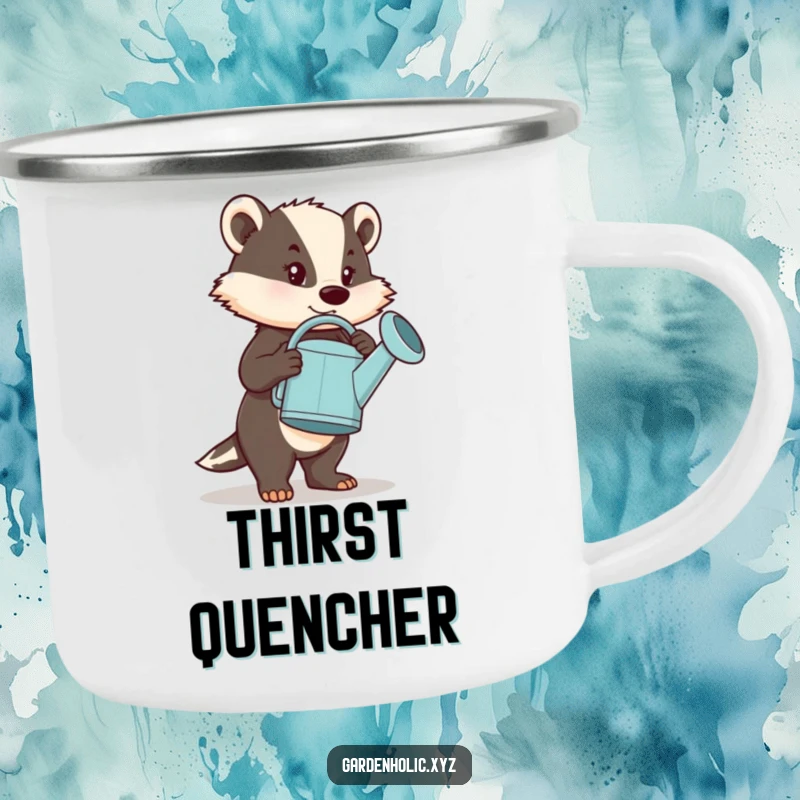Funny Camping Mug: A determined badger character hefting an oversized watering can, symbolizing endurance and humor for outdoor use.