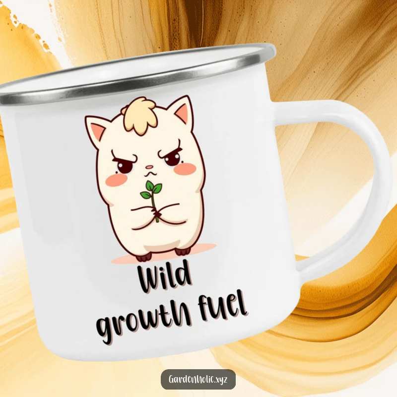Funny camping mug with a determined character holding a tiny sprout, perfect for outdoor trips and evoking a sense of adventure, a durable funny gift.