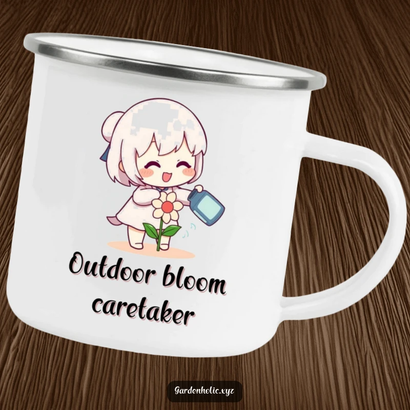 Funny character gleefully watering a small, smiling flower with a can on a camping mug, for outdoor cheer and nature, a perfect funny gift.