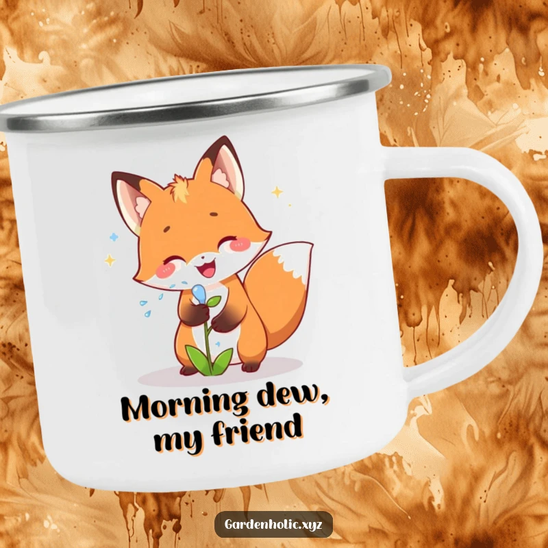 Funny fox camping mug depicting a joyful fox showering a small plant with sparkling water, perfect for outdoor enjoyment and a fun gift.