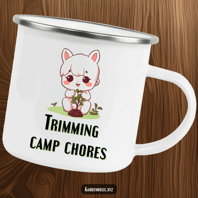 Funny camping mug with a happy, focused character carefully pruning a miniature bush, perfect for the outdoor gardener.