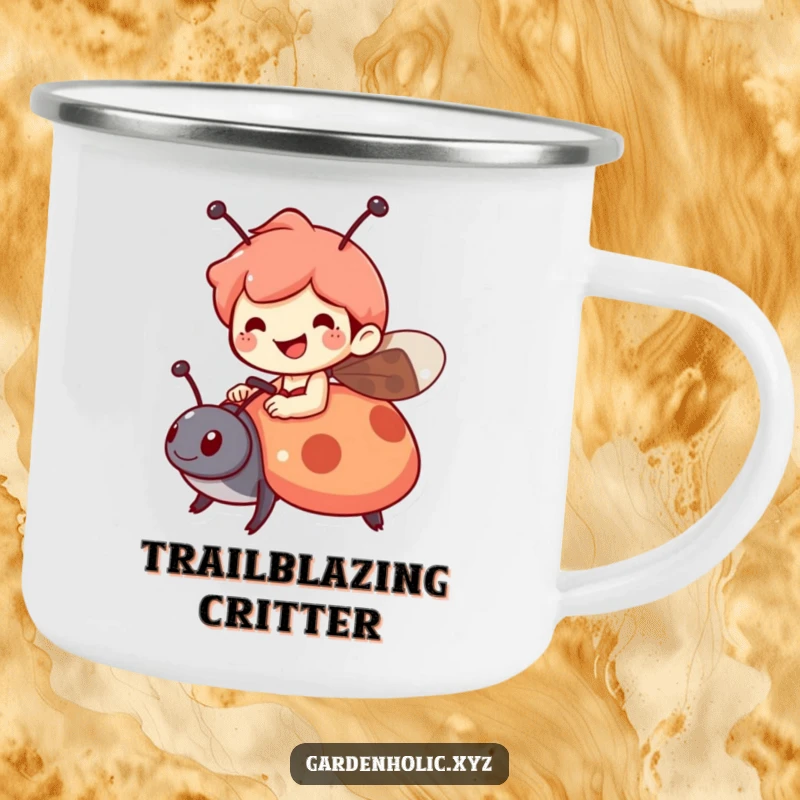 Funny camping mug with a cheerful character riding a ladybug, perfect for outdoor excursions and evoking fun, a sturdy funny gift.
