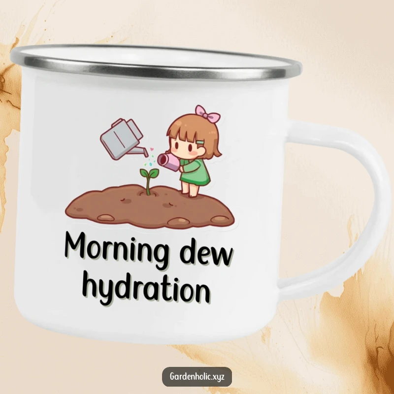 Funny camping mug showing a small character carefully watering a tiny sprout, perfect for outdoor lovers who appreciate gentle care.