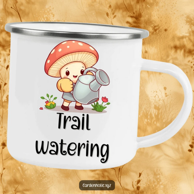 Funny camping mug with a tiny mushroom wearing oversized gardening gloves, struggling to lift a giant watering can, for outdoor use.