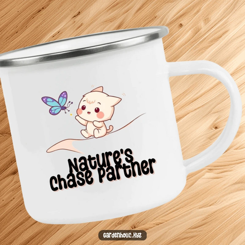 Funny camping mug depicting a playful character reaching for a fluttering butterfly, perfect for outdoor trips.
