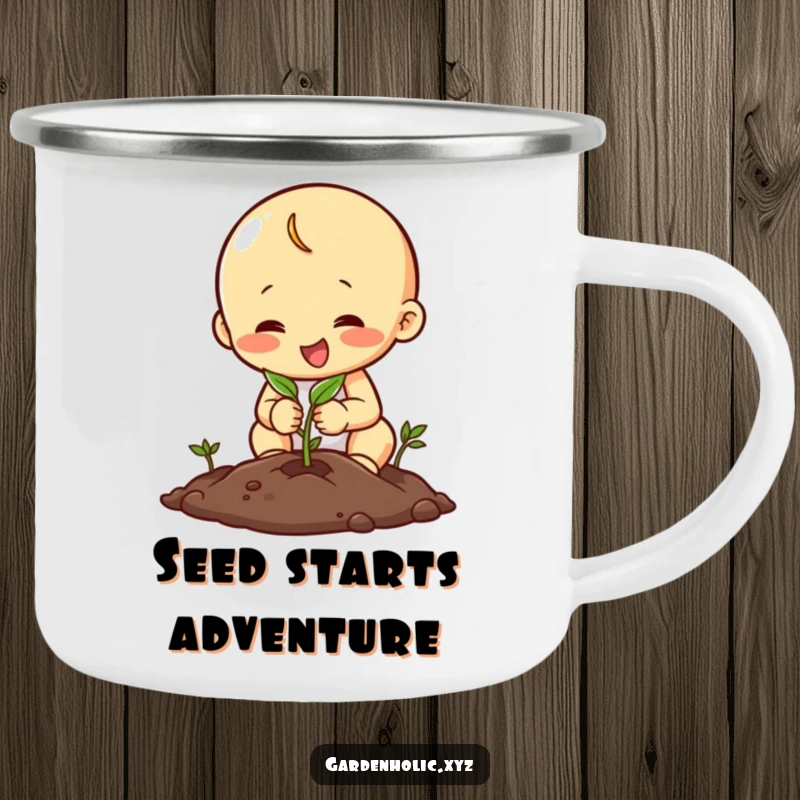 Funny camping mug showing a happy character planting a seed with focus, perfect for outdoor lovers who appreciate dedication and growth.