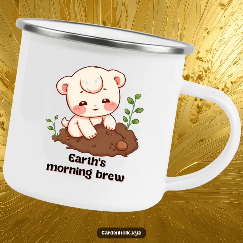 Funny Camping Mug: Durable mug showing a character with rosy cheeks digging in rich soil, perfect for outdoor use.