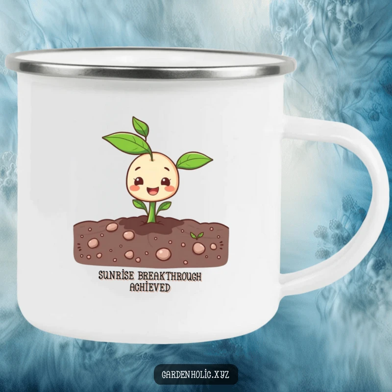 Funny sprout character popping out of the ground on a sturdy enamel camping mug.