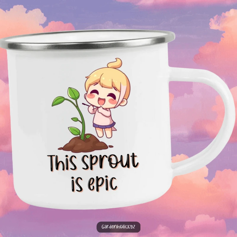Funny Camping Mug: A character joyfully points to a tiny sprout, celebrating nature’s growth outdoors.