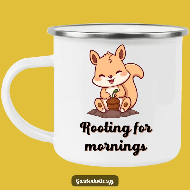 Funny Squirrel Camp Mug: Cheerful Acorn Planter Enamel Cup, Gift