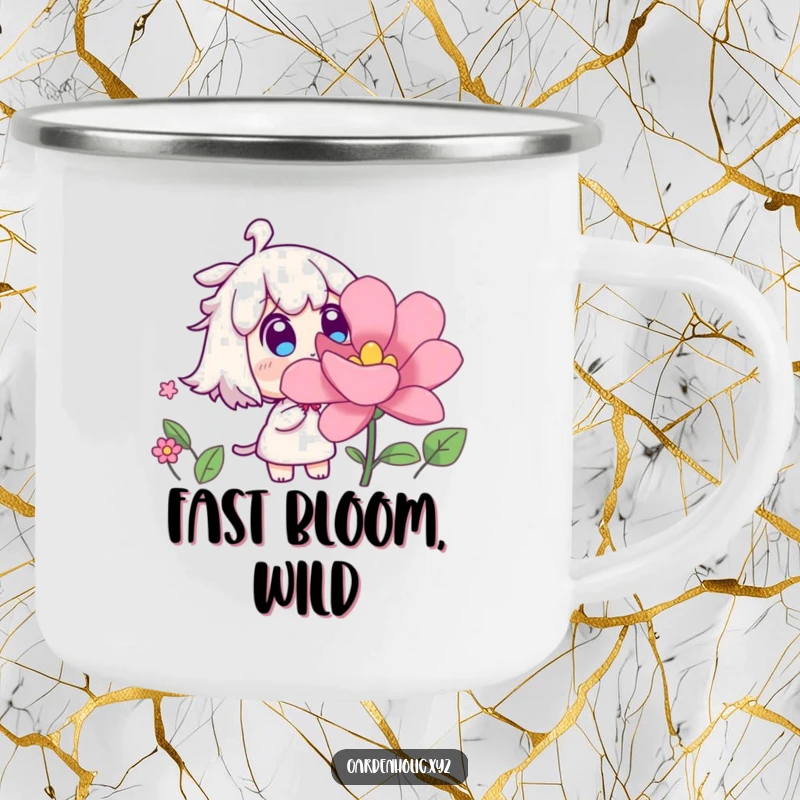 Funny camping mug with a surprised character watching a flower bloom rapidly, perfect for outdoor excursions and evoking wonder, a sturdy funny gift.