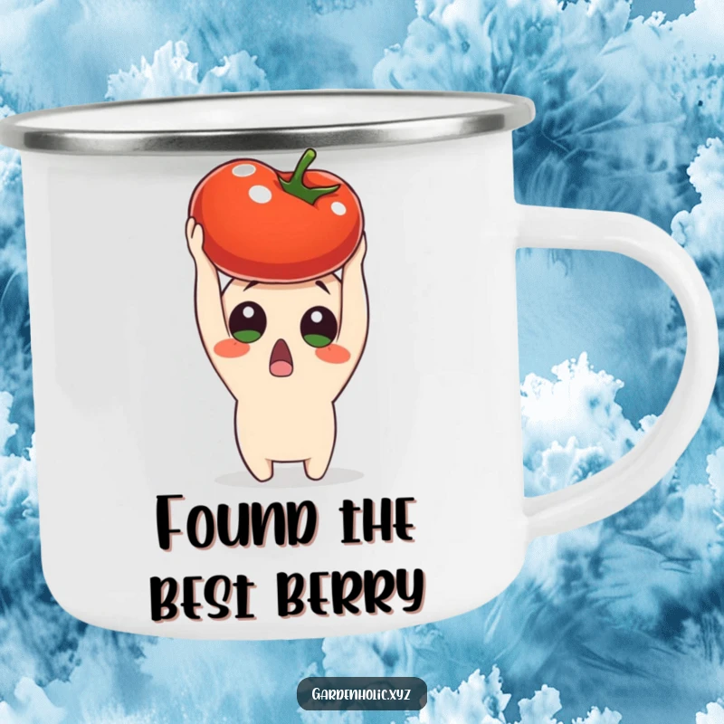 Funny surprised character holding a ripe tomato overhead, depicted on a sturdy camping mug, ready for campfire stories and smiles, a durable funny gift.
