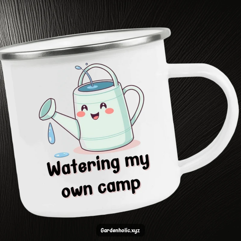 Funny watering can camping mug showing a tiny, delighted face hilariously watering its own spout, perfect for outdoor garden lovers.
