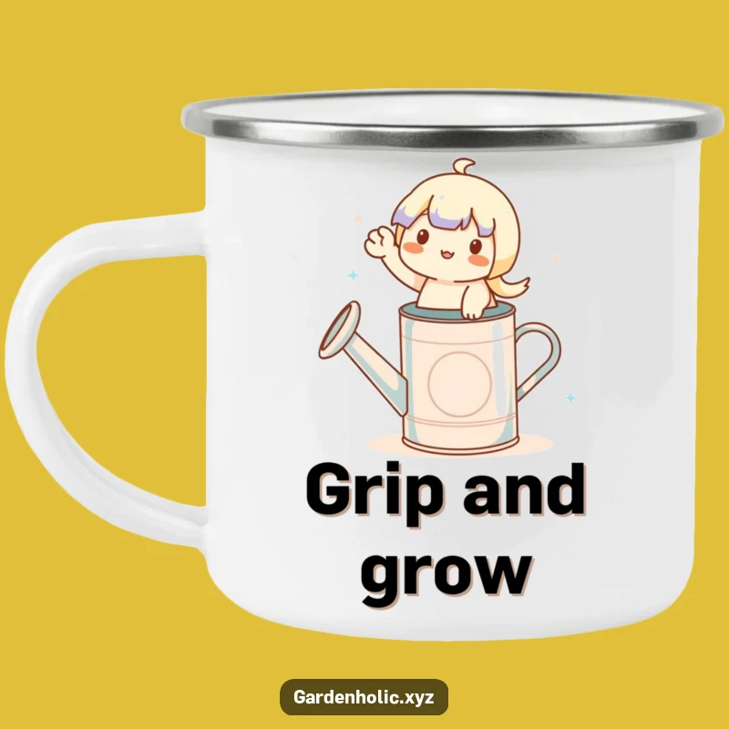 Funny Outdoor Gardener Mug: Waving Character on Watering Can, Camping Gift!