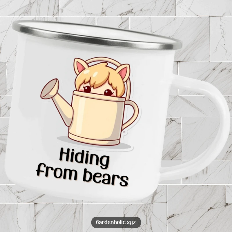 Funny camping mug depicting a mischievous character hiding behind a giant watering can, ready for the outdoors.