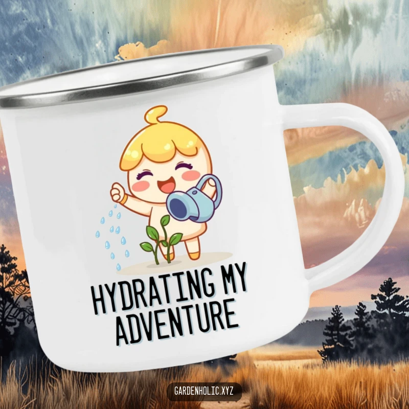 Funny gardener camping mug showing a joyful character happily watering a tiny sprout, a great funny gift.