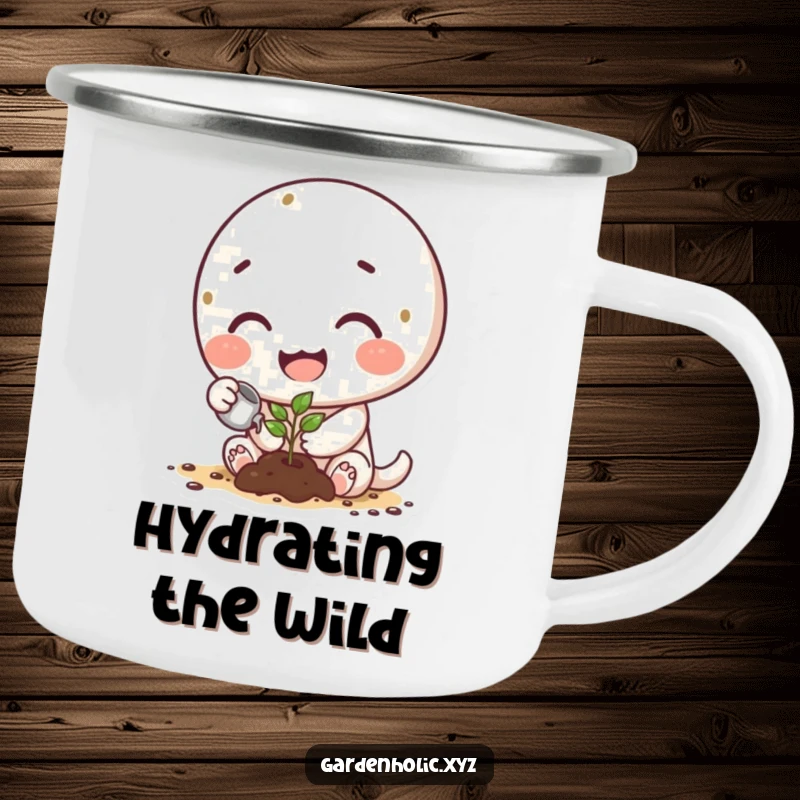 Funny camping mug with a happy, dirt-smudged character carefully watering a tiny sprout, celebrating the outdoors.