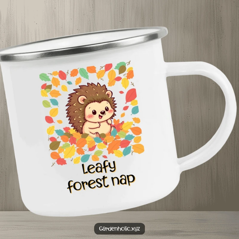 Funny hedgehog camping mug showing a happy hedgehog rolling through colorful autumn leaves, ideal for outdoor autumn enjoyment.
