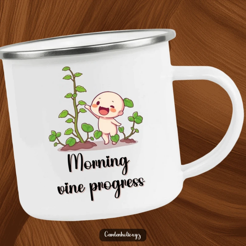 Funny camping mug featuring a character excitedly pointing at a rapidly growing vine, perfect for outdoor enthusiasts and plant fans.