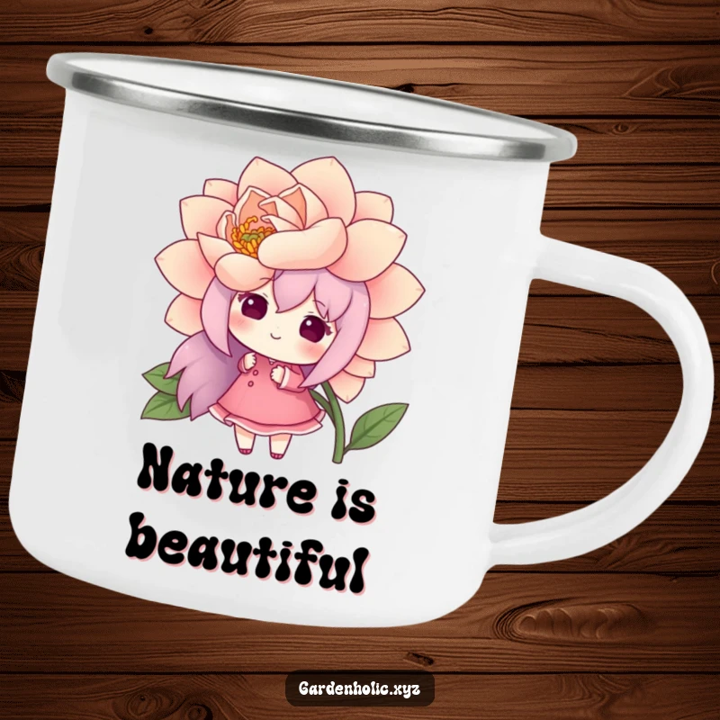Funny camping mug showing a cheerful character admiring a freshly bloomed, oversized flower, perfect for outdoor appreciation and humor.
