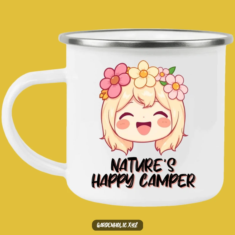 Funny Happy Character Camping Mug - Flower Crown Beaming, Adventure Funny Gift!