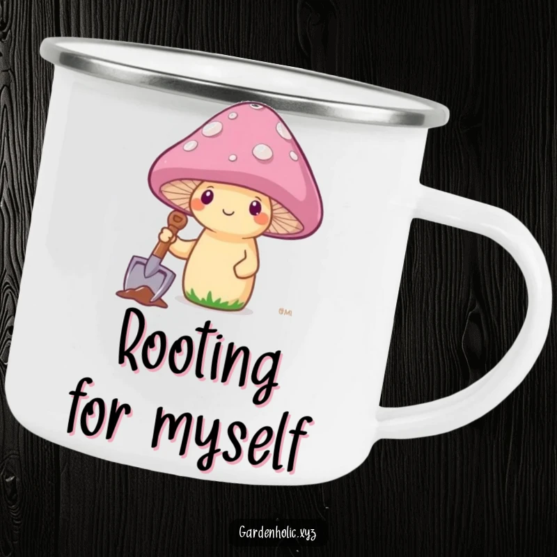 Funny mushroom planting its cap on a durable camping mug, perfect for outdoor humor and beverages.