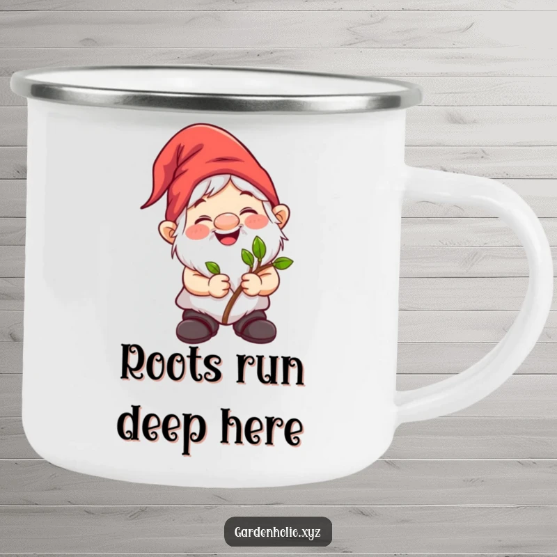 Funny gnome character with a sapling, perfect for camping adventures on a sturdy enamel mug.