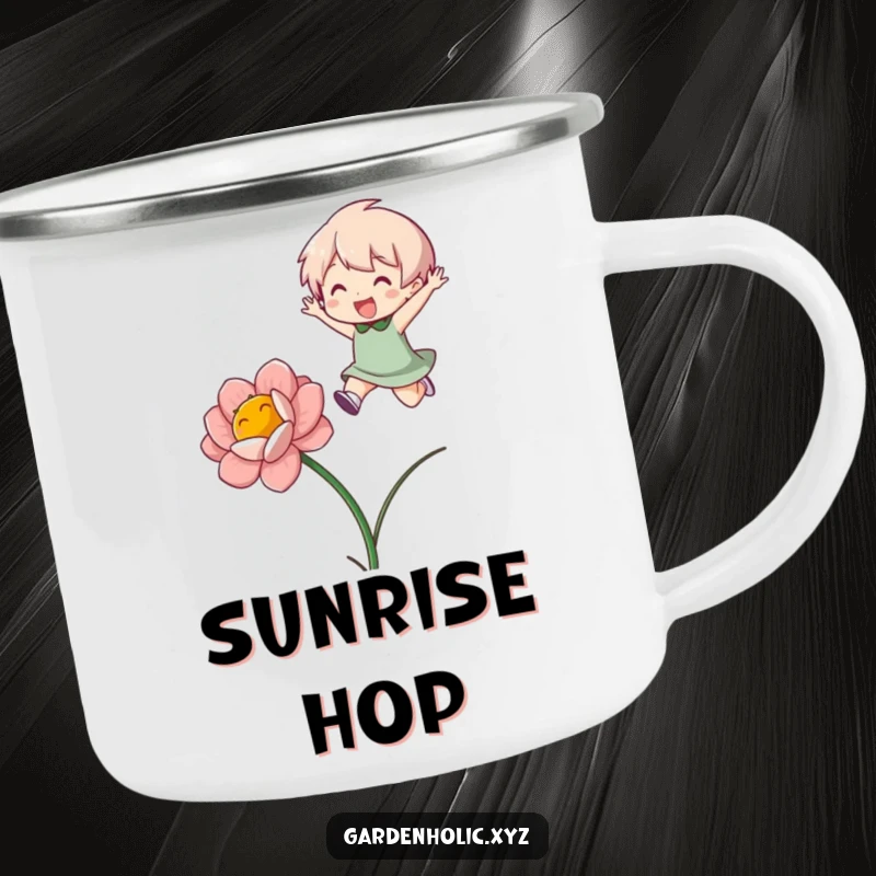Funny Camping Mug: Sturdy mug with a character gleefully jumping over a blooming flower, perfect for outdoor enthusiasts.
