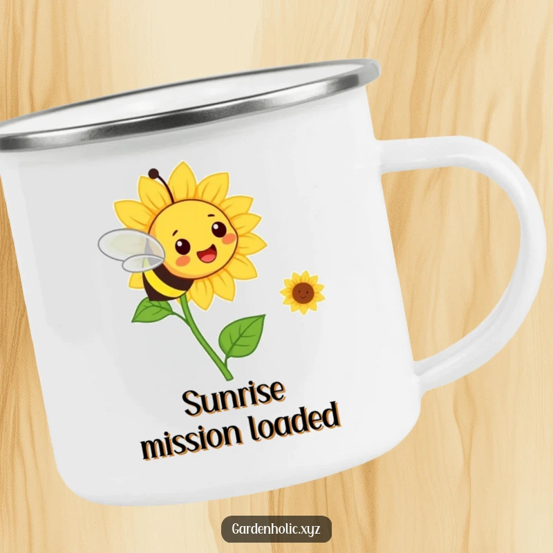 Funny bee flying towards a smiling sunflower on a sturdy enamel camping mug. Outdoor fun.