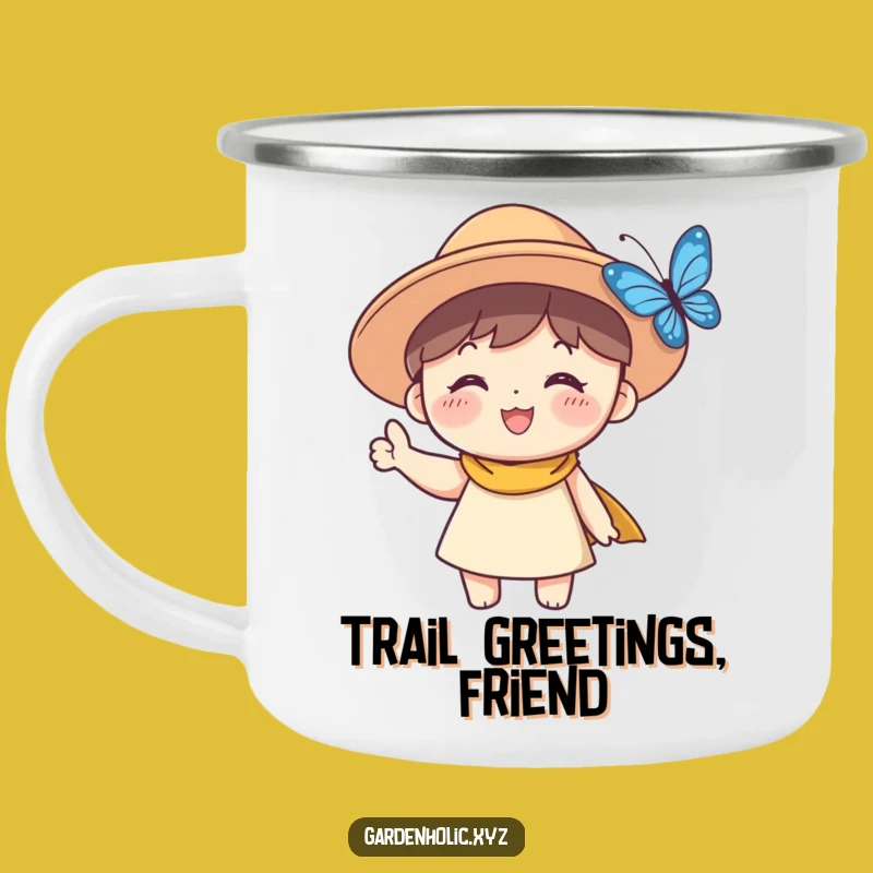 Funny Sun Hat Character Camping Mug: Outdoor Adventures with a Hilarious Waving Friend!