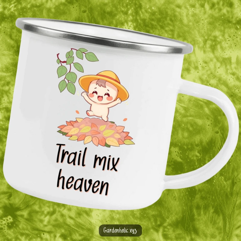 Funny camping mug featuring a joyful character in a sun hat bouncing on a pile of autumn leaves, for humorous outdoor sipping.