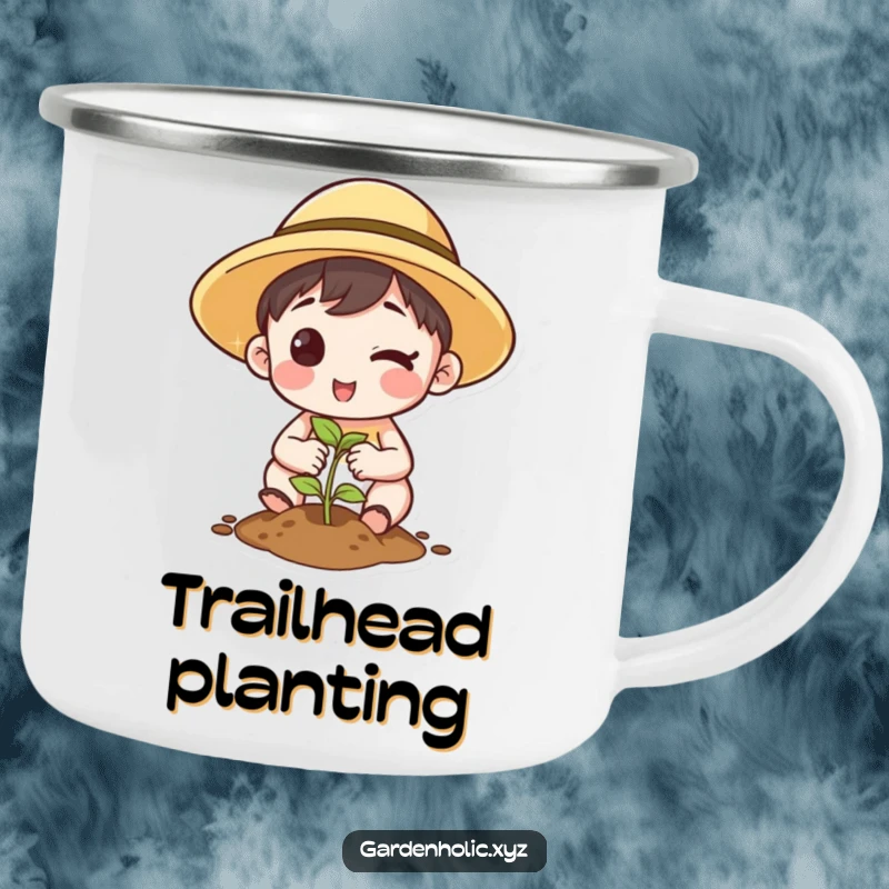 Funny Camping Mug: Durable mug showing a character winking while planting a seed, perfect for outdoor use.