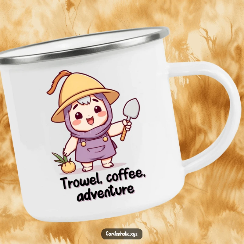 Funny gardener camping mug featuring a character in a hat, waving a small trowel, perfect for outdoor hot or cold drinks.