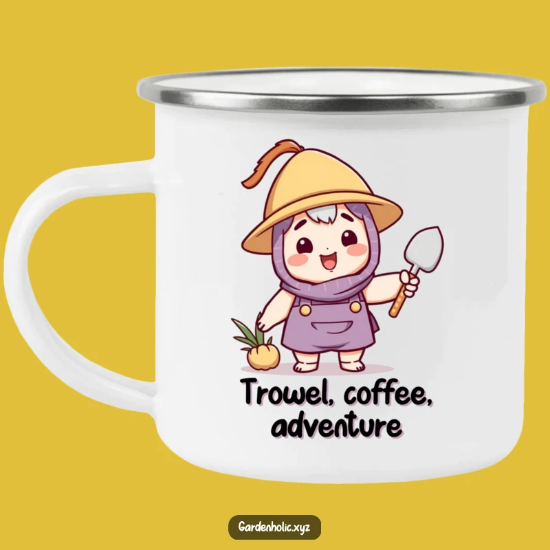 Funny Gardener Camping Mug: Rugged Character with Hat Waving Trowel - Outdoor Gift