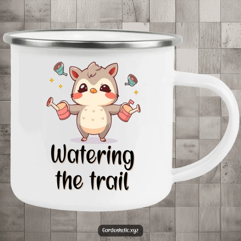 Funny camping mug featuring a mischievous character juggling small watering cans, perfect for hydration and humor outdoors.