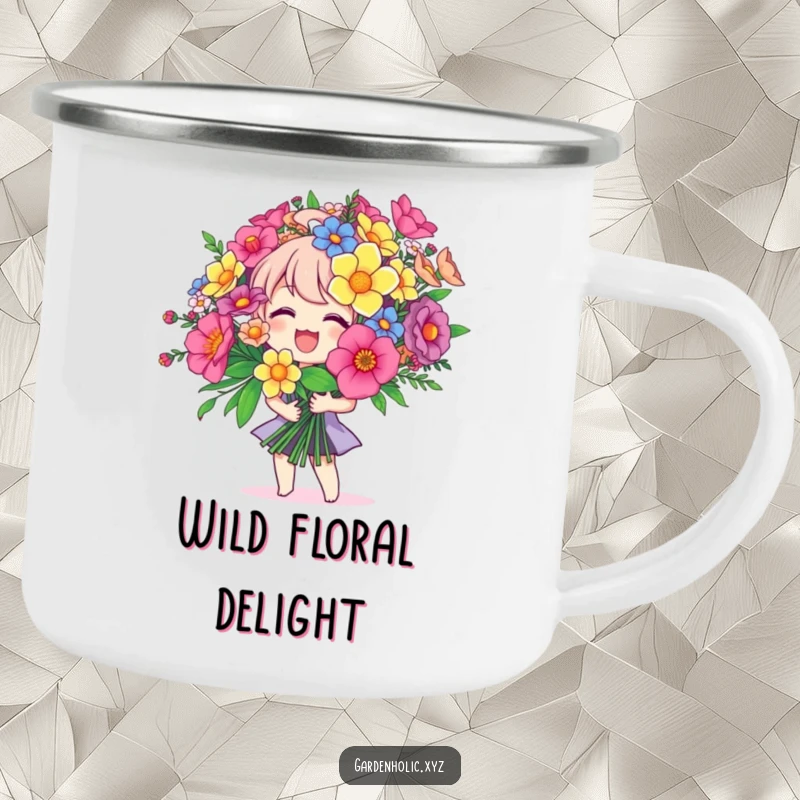 Funny camping mug with a joyful character holding a giant bouquet, perfect for outdoor trips and spreading cheer, a sturdy funny gift.