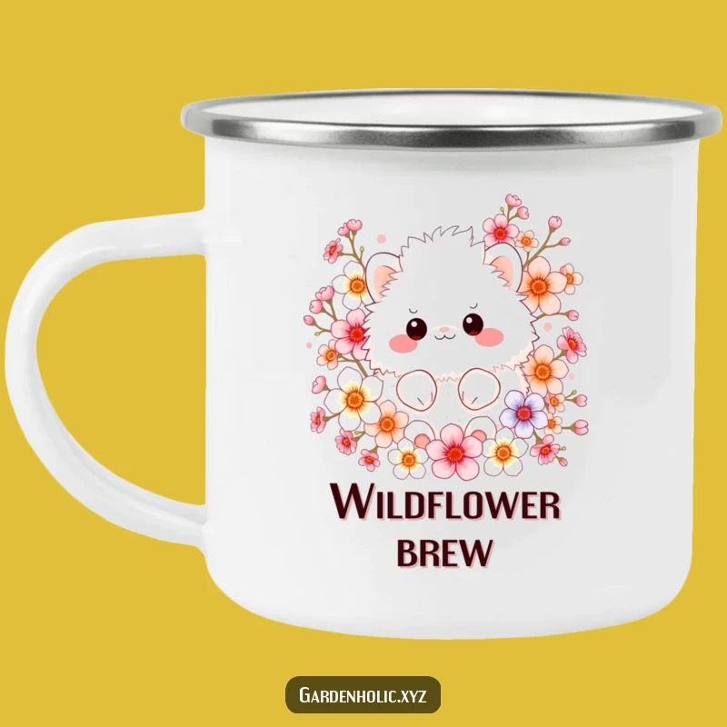 Funny Camping Mug: Fluffy Creature in Blooms, Outdoor Funny Gift