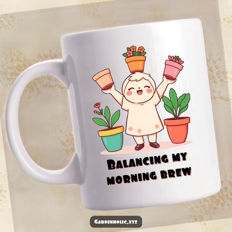 Funny playful character juggling three colorful flower pots, a perfect funny gift for gardeners.