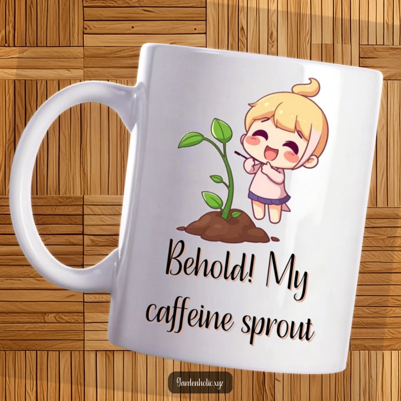 Funny Mug: A character excitedly points at a small green sprout emerging from the soil with pure joy.