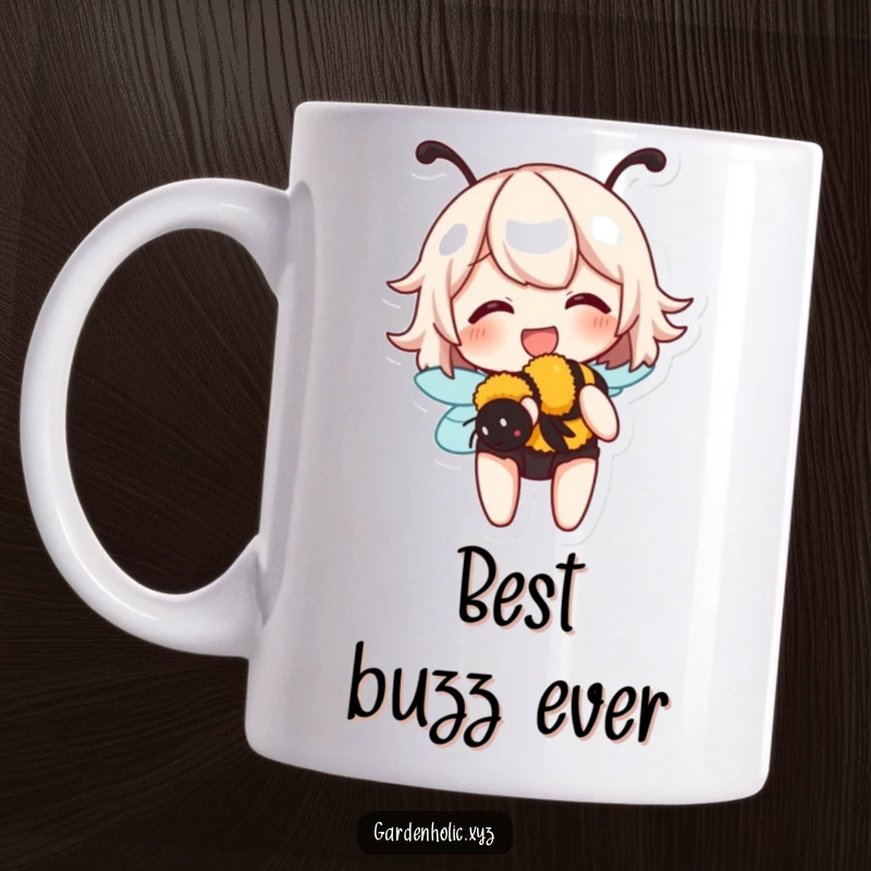 Funny mug with a character giggling softly while gently cupping a buzzing bumblebee, showing kindness to insects.