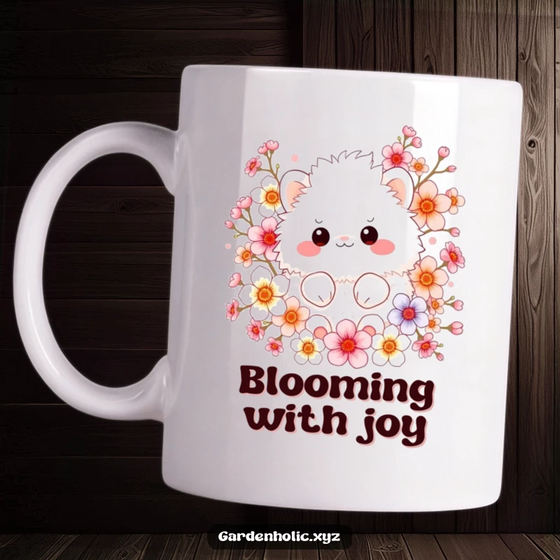 Funny mug with a fluffy creature nestled amongst vibrant, colorful blossoms, exuding joy and springtime cheer.