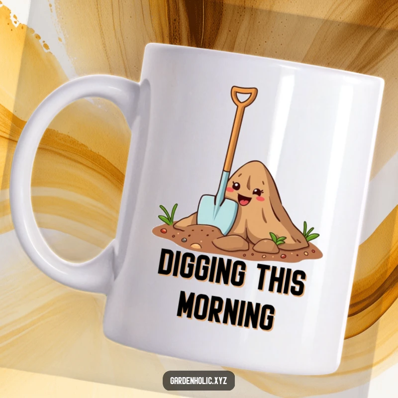 Funny Mug: A happy cartoon trowel joyfully digs into a smiley dirt mound, celebrating gardening fun.
