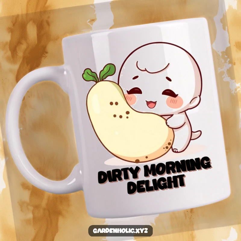 Funny Gardener Mug: A giggling, dirt-smudged character admires a plump vegetable, showcasing a passion for gardening with humor.