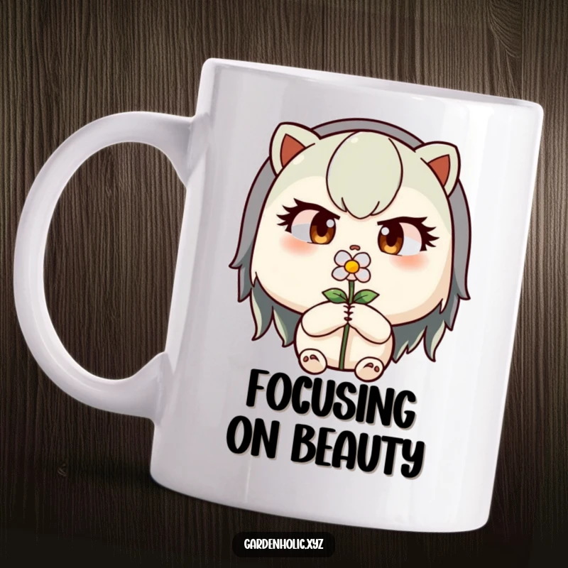 Funny mug featuring a determined character with focused eyes carefully pruning a tiny flower with precision.